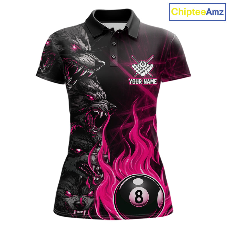 Personalized Pink Wolf Flaming 8 Ball Pool Fire Billiard Polo Shirt Created for Women's Pool League Players and Custom Team Jerseys