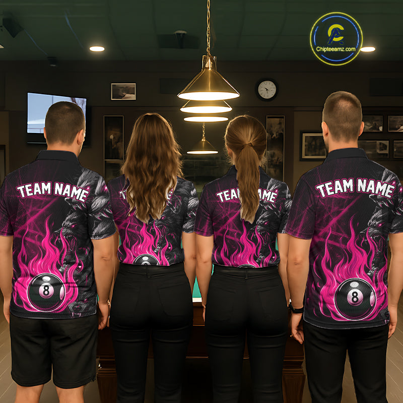 Back View of Pool Team Players Wearing Personalized Pink Wolf Flaming 8 Ball Pool Fire Jerseys