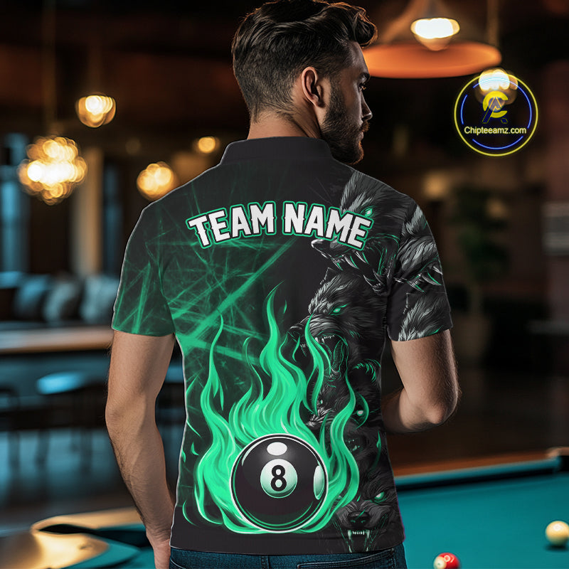 Man Wearing Custom Turquoise Wolf Flaming 8 Ball Pool Fire Billiard Shirt, Back View