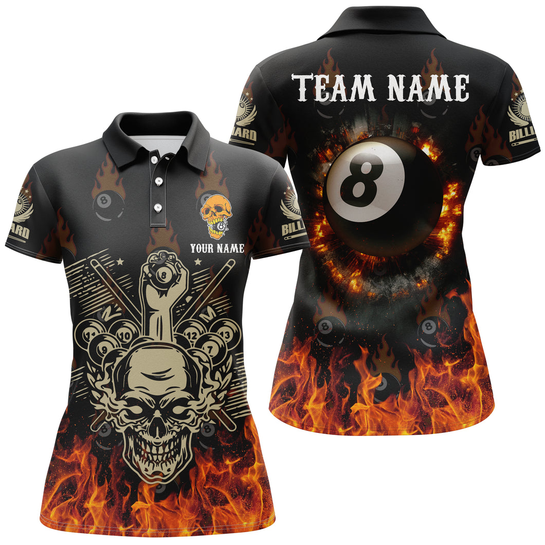 Personalized Billiard Skull 8 Ball Pool Fire Polo Shirts For Women Custom Ball 8 Billiard Shirts TDM0130