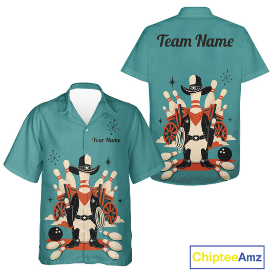 Custom Retro Funny Cowboy Bowling Hawaiian Shirts, Bowling Team Jersey Bowling Button-Up Shirts TDM7567