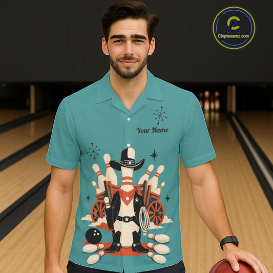 Custom Retro Funny Cowboy Bowling Hawaiian Shirts, Bowling Team Jersey Bowling Button-Up Shirts TDM7567