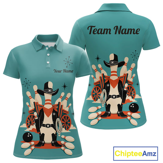 Custom Retro Funny Cowboy Bowling Shirts For Women, Personalized Bowling Team Jersey Polo, 1/4 Zip TDM7567