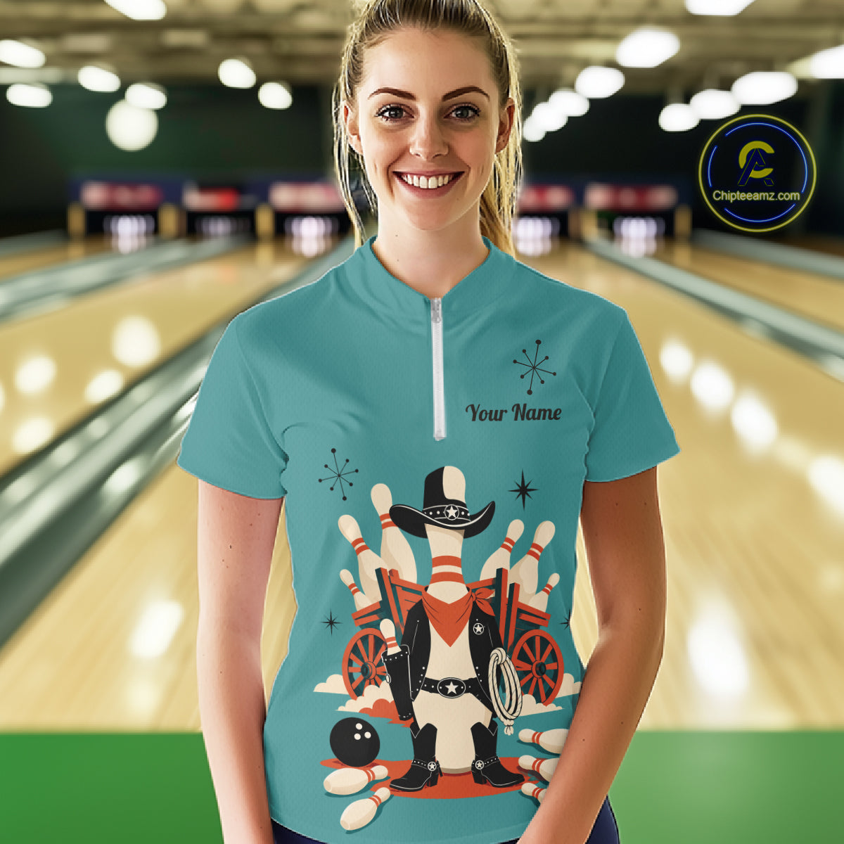 Custom Retro Funny Cowboy Bowling Shirts For Women, Personalized Bowling Team Jersey Polo, 1/4 Zip TDM7567