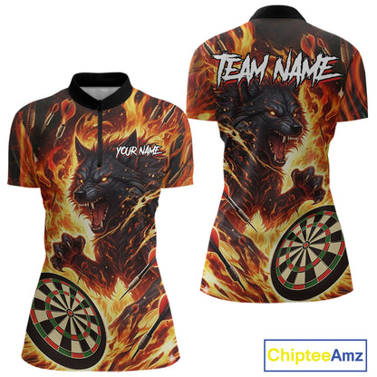 Orange Flaming Wolf Dartboard Jersey For Women Custom Darts League Team Shirt Polo & Quarter Zip TDM5022
