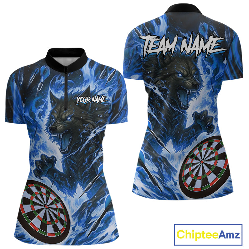 Blue Flaming Wolf Dartboard Jersey For Women Custom Darts League Team Shirt Polo & Quarter Zip TDM5023