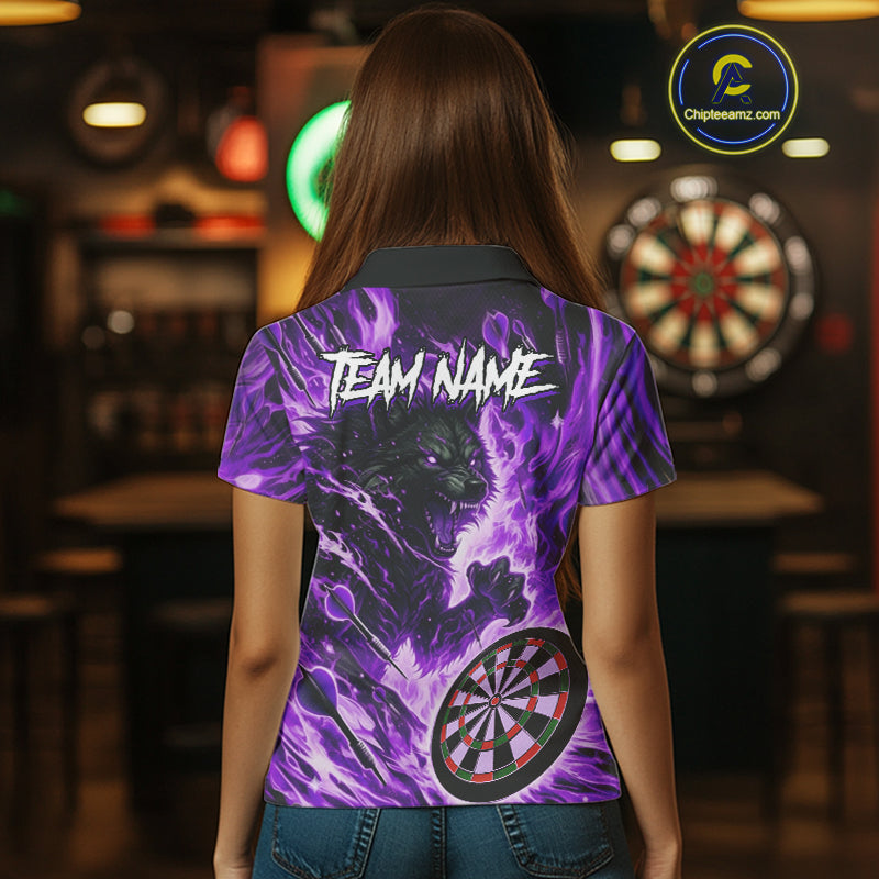 Purple Flaming Wolf Dartboard Jersey For Women Custom Darts League Team Shirt Polo & Quarter Zip TDM5024