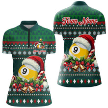 Load image into Gallery viewer, Funny Green Christmas Santa Hat 9 Ball Pool Billiard Shirts For Women Custom Xmas Billiard Jerseys TDM3013