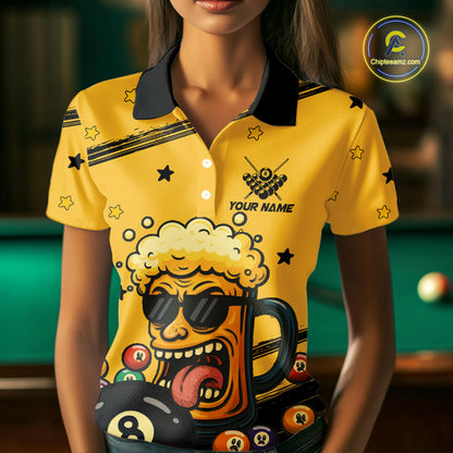 Personalized Yellow Black Funny Beer 8 Ball Billiard Shirt For Women Custom Pool Team Jersey TDM5236