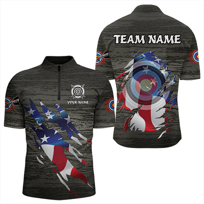 Personalized Grey Grunge USA Flag Archery Shirts For Men, American Patriotic Archery Team Jerseys TDM3243
