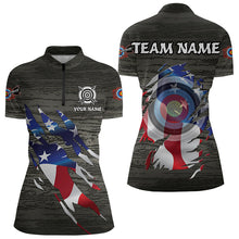 Load image into Gallery viewer, Personalized Grey Grunge USA Flag Archery Shirts For Women, American Patriotic Archery Team Jerseys TDM3243