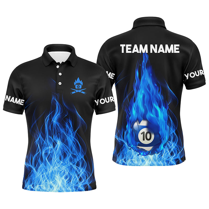 Custom Name Blue Flaming Billiard 3D Polo Shirts For Men Custom Billiard 10 Ball Pool For Team TDM0942
