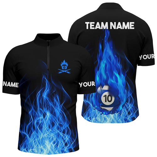 Custom Name Blue Flaming Billiard 3D Men Quarter-Zip Shirt, Billiard 10 Ball Pool For Team TDM0942