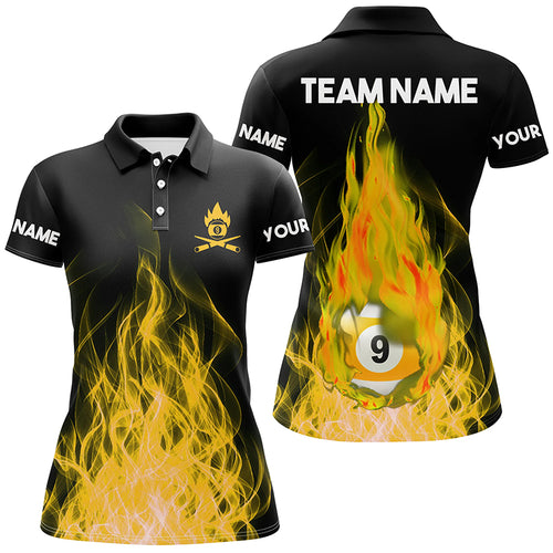 Custom Name Yellow Flaming Billiard 3D Polo Shirts For Women Custom Billiard 9 Ball Pool For Team TDM0943