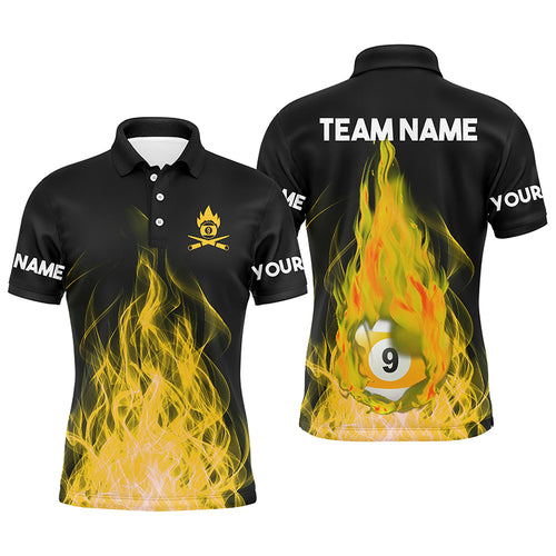 Custom Name Yellow Flaming Billiard 3D Polo Shirts For Men Custom Billiard 9 Ball Pool For Team TDM0943