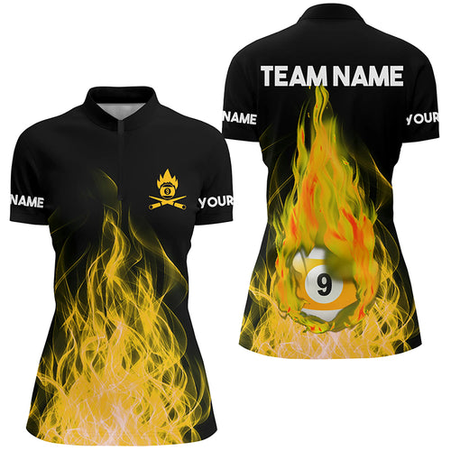 Custom Name Yellow Flaming Billiard 3D Women Quarter-Zip Shirt Billiard 9 Ball Pool For Team TDM0943