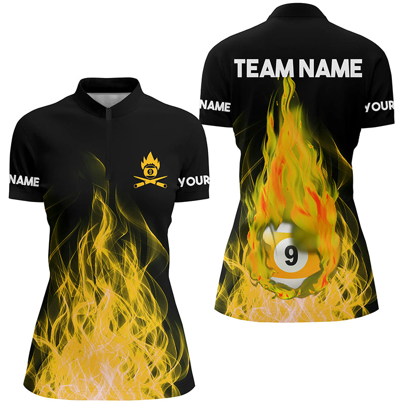 Custom Name Yellow Flaming Billiard 3D Women Quarter-Zip Shirt Billiard 9 Ball Pool For Team TDM0943