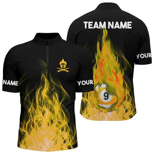 Custom Name Yellow Flaming Billiard 3D Men Quarter-Zip Shirt Billiard 9 Ball Pool For Team TDM0943