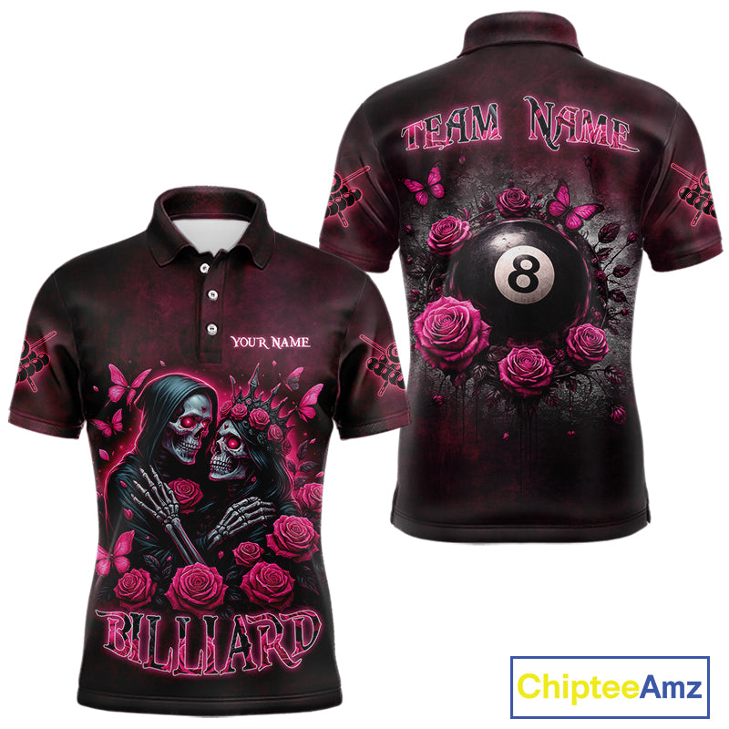 Customized Skeleton And Roses Gothic Romance Billiard Shirt For Men, Valentine 8 Ball Pool Jersey TDM5749