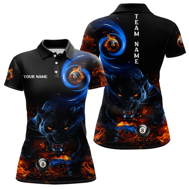Personalized Orange And Blue Flaming 3D Panther Billiard Shirts For Women, Cool Team Billiard Jerseys TDM3599
