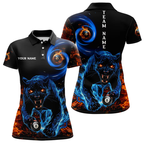Personalized Orange And Blue Flaming 3D Panther Billiard Shirts For Women, Cool Team Billiard Jerseys TDM3600