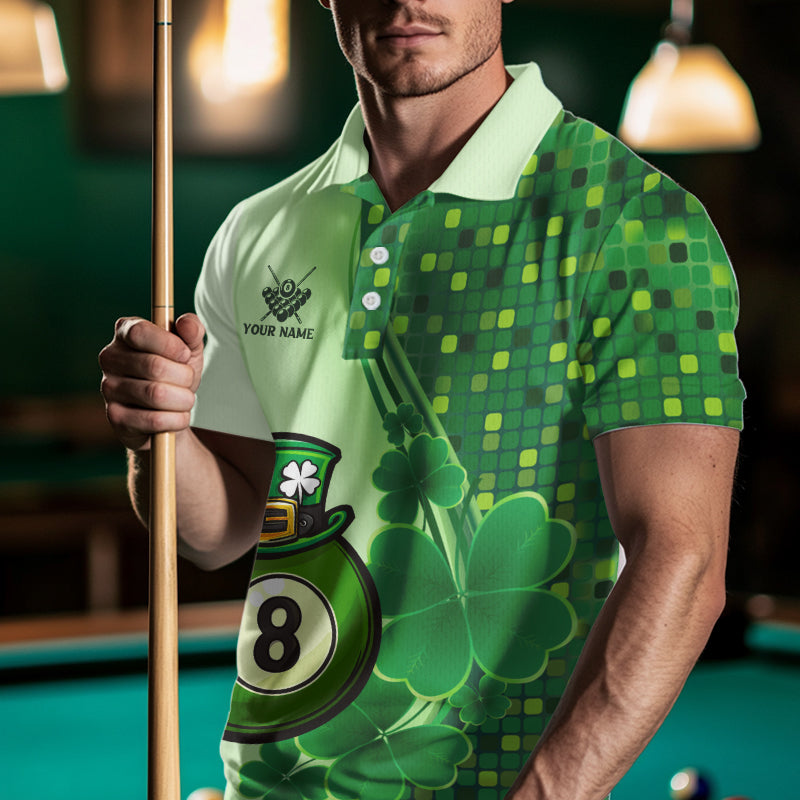 Personalized Saint Patrick Day 8 Ball Pool Billiard Shirts For Men, Green Shamrock Billiard Jerseys TDM3601