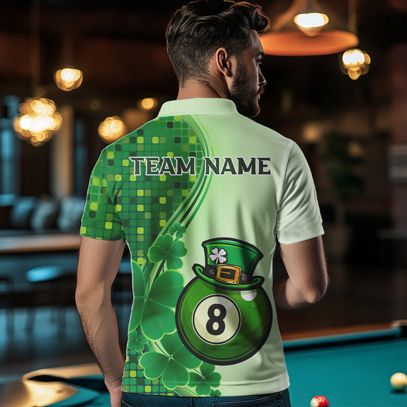 Personalized Saint Patrick Day 8 Ball Pool Billiard Shirts For Men, Green Shamrock Billiard Jerseys TDM3601
