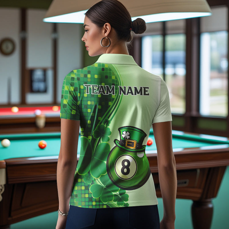 Personalized Saint Patrick Day 8 Ball Pool Billiard Shirts For Women, Green Shamrock Billiard Jerseys TDM3601