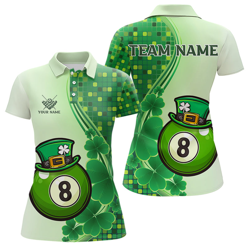 Personalized Saint Patrick Day 8 Ball Pool Billiard Shirts For Women, Green Shamrock Billiard Jerseys TDM3601