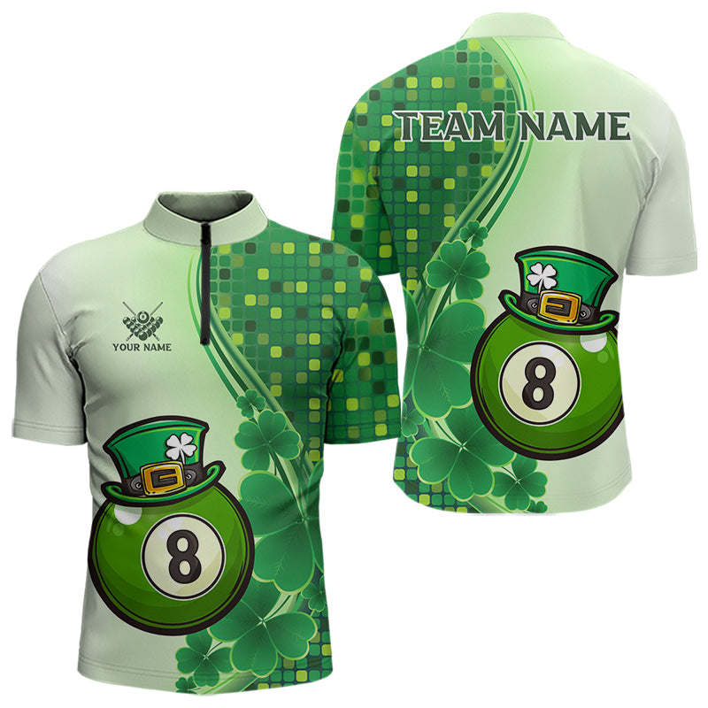 Personalized Saint Patrick Day 8 Ball Pool Billiard Shirts For Men, Green Shamrock Billiard Jerseys TDM3601