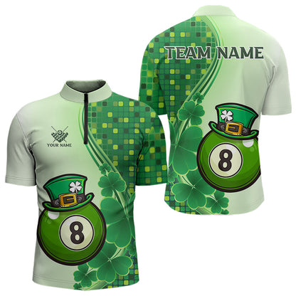 Personalized Saint Patrick Day 8 Ball Pool Billiard Shirts For Men, Green Shamrock Billiard Jerseys TDM3601