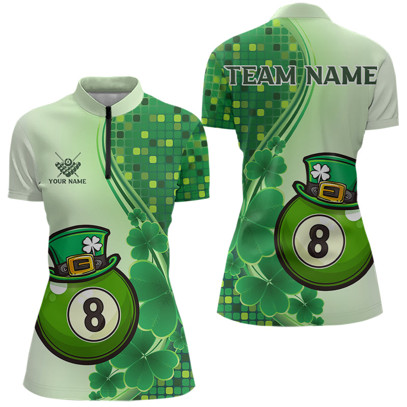 Personalized Saint Patrick Day 8 Ball Pool Billiard Shirts For Women, Green Shamrock Billiard Jerseys TDM3601