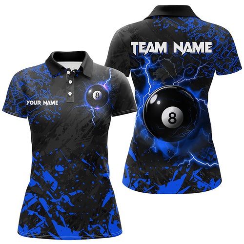 Blue Grunge 8 Ball Pool Thunder Lightning Women Polo Shirts Custom Team League Billiard Jersey TDM1484