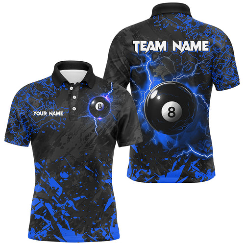 Blue Grunge 8 Ball Pool Thunder Lightning Men Polo Shirts Custom Team League Billiard Jersey TDM1484