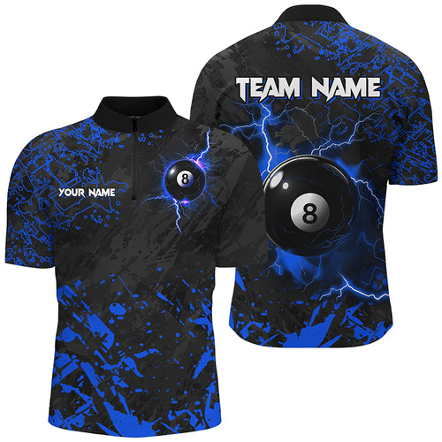 Blue Grunge 8 Ball Pool Thunder Lightning Men Quarter-Zip Shirts Custom Billiard Jerseys TDM1484