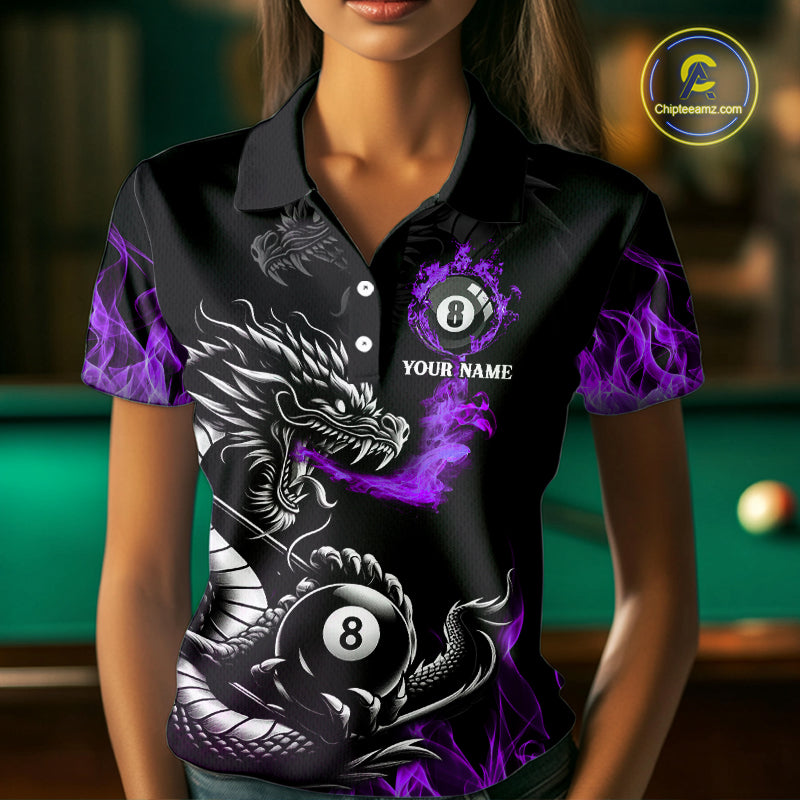 Personalized Purple Flaming Dragon 8 Ball Billiard Shirt For Women, Team League Billiard Jerseys TDM4221