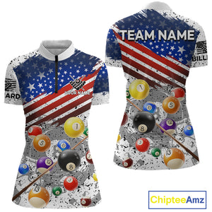 Personalized White Grunge American Flag Billiard Shirt For Women, Patriotic 8 Ball Pool Team Jerseys TDM4224