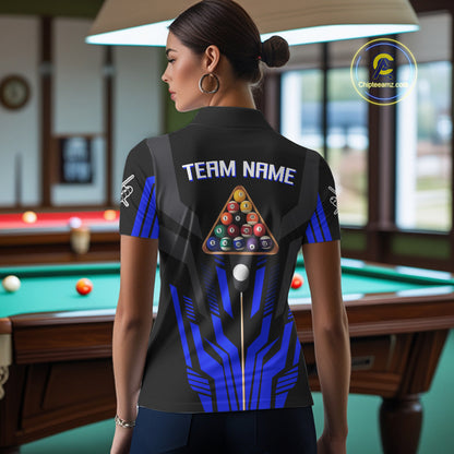 Personalized Blue Black 8 Ball Pool Shirt For Women Custom Billiard League Team Jersey Polo, 1/4 Zip TDM4226