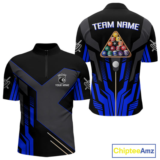Personalized Blue Black 8 Ball Pool Shirt For Men Custom Billiard League Team Jersey Polo, 1/4 Zip TDM4226