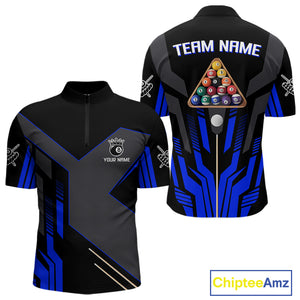 Personalized Blue Black 8 Ball Pool Shirt For Men Custom Billiard League Team Jersey Polo, 1/4 Zip TDM4226