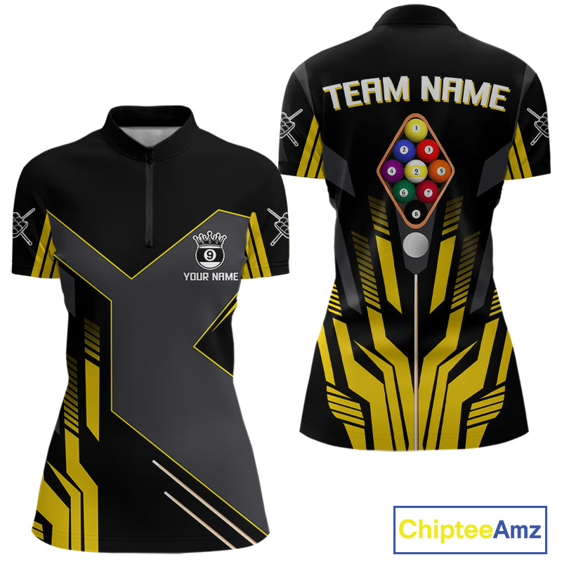 Personalized Yellow Black 9 Ball Pool Shirt For Women, Billiard League Team Jersey Polo & 1/4 Zip TDM4228