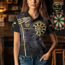 Load image into Gallery viewer, Woman wearing a gold grunge dartboard darts jersey front view.