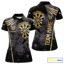Load image into Gallery viewer, Gold grunge dartboard darts polo shirt for women with custom darts team graphics.