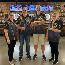 Load image into Gallery viewer, Darts team wearing matching gold grunge dartboard darts jerseys during league competition front view.