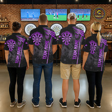 Load image into Gallery viewer, Back view of darts players wearing matching purple grunge dartboard darts shirts.