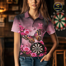 Load image into Gallery viewer, Woman wearing a butterfly and rose darts jersey front view.