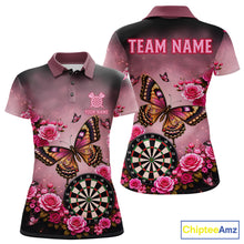 Load image into Gallery viewer, Butterfly and rose darts polo shirt for women with custom darts team graphics.