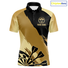 Load image into Gallery viewer, Black and gold dartboard crown darts polo shirt for men with custom darts league team graphics.