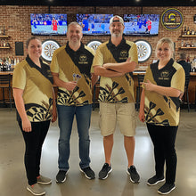 Load image into Gallery viewer, Darts team wearing matching black and gold dartboard crown darts jerseys during league competition front view.