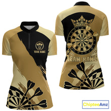 Load image into Gallery viewer, Black and gold dartboard crown darts quarter zip shirt for women designed for league tournaments and team events.